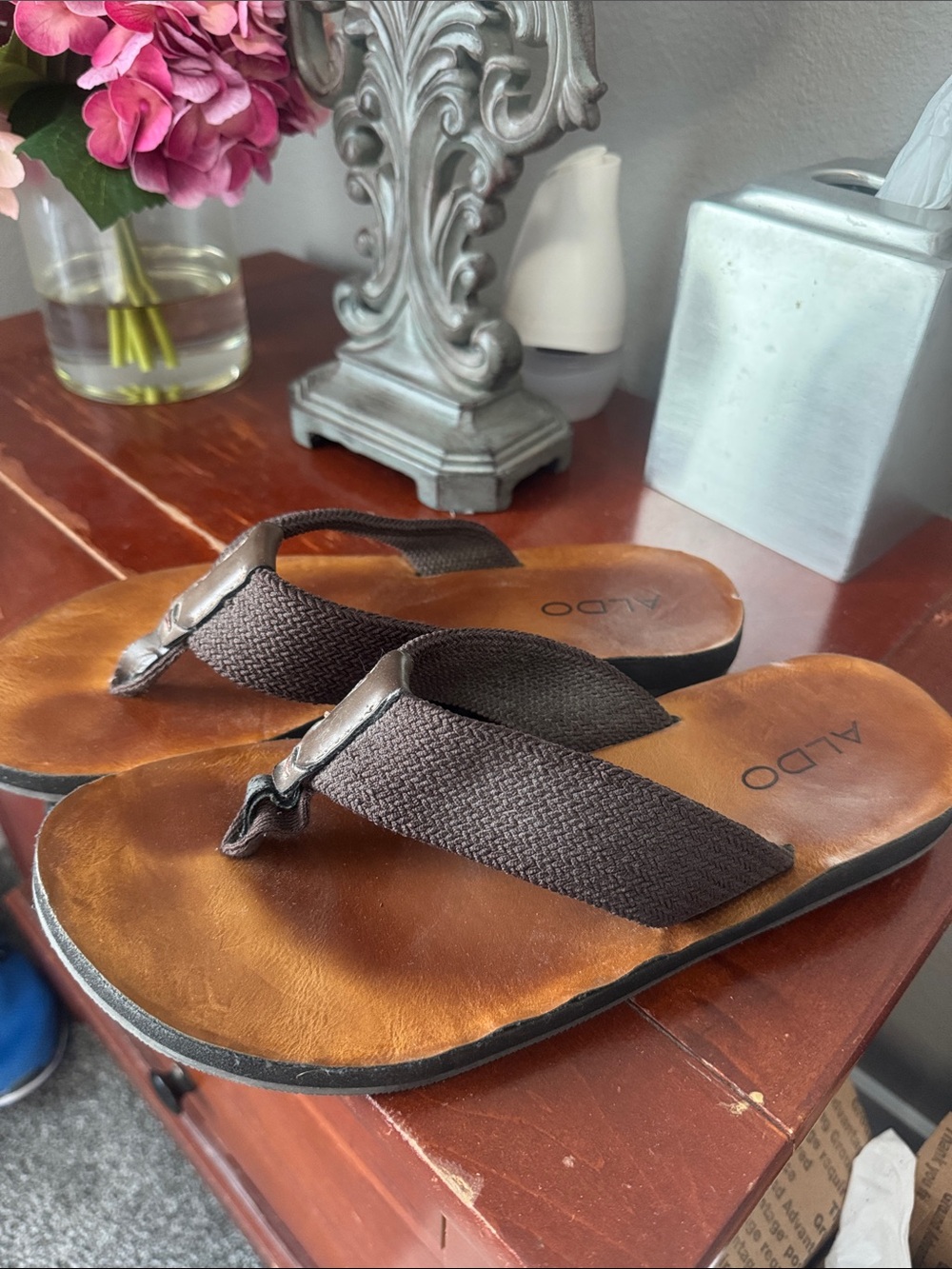 ALDO Men’s Dark Brown Leather-Effect Flip Flops with Woven Thong